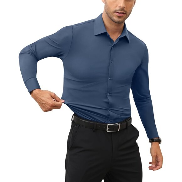 Men Dark Grey Long Sleeve Slim Muscle Fit Wrinkle Free Button Down Dress Shirts - Picture 7 of 9